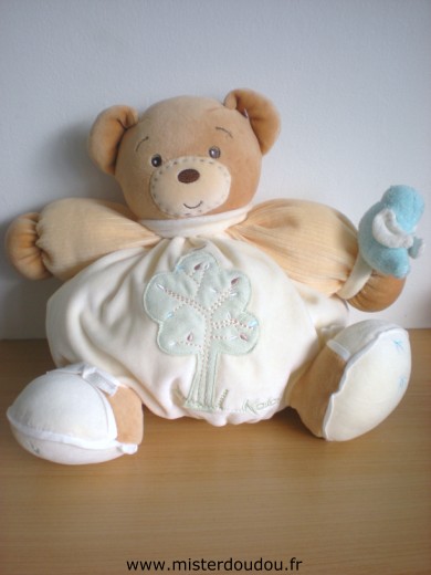 Doudou Ours Kaloo Patapouf pure nature, ecru saumon avec oiseau bleu arbre vert 