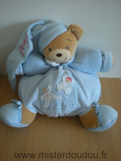 Doudou Ours Kaloo Patapouf raye bleu blanc bras en tricot bleu deux personnages Il y a le prénom 