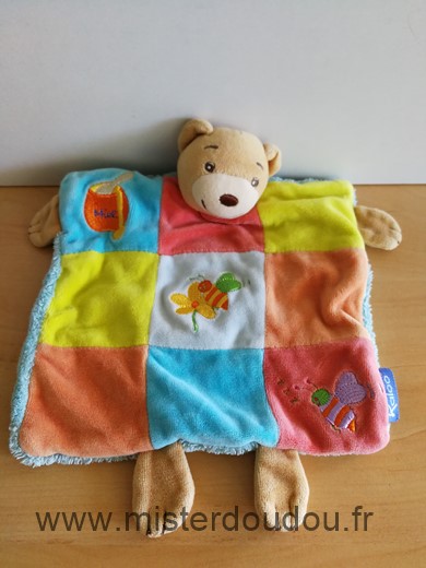 Doudou Ours Kaloo Patchwork bleu orange miel abeille 