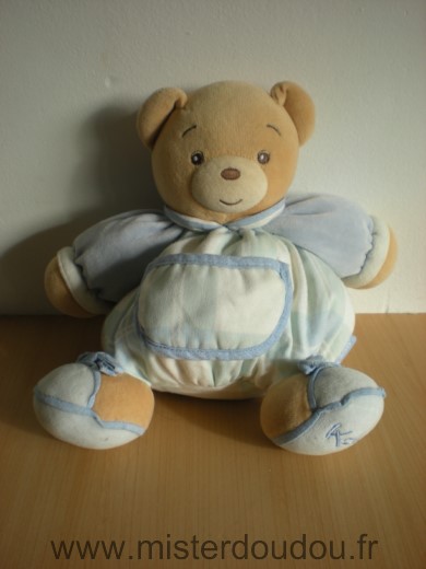 Doudou Ours Kaloo Tissus bleu blanc carreaux bras velours bleu 