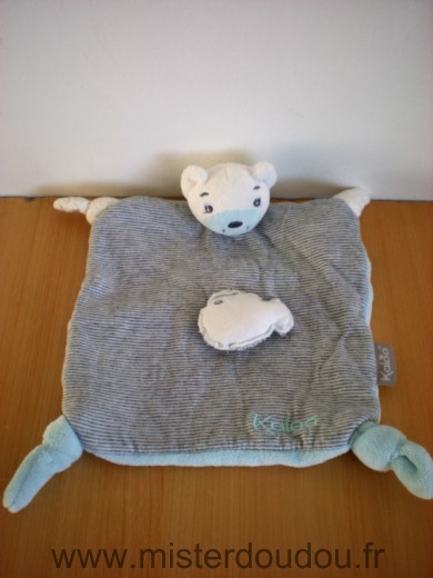 Doudou Ours Kaloo Zen dessus tissus raye gris blanc poisson blanc dessous velours bleu 