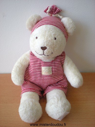 Doudou Ours Kiabi baby Ecru habit rayé rouge blanc 