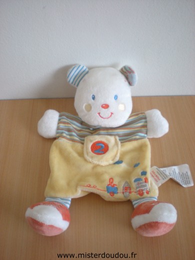 Doudou Ours Kiabi baby Jaune orange blanc avec un petit train brodé 