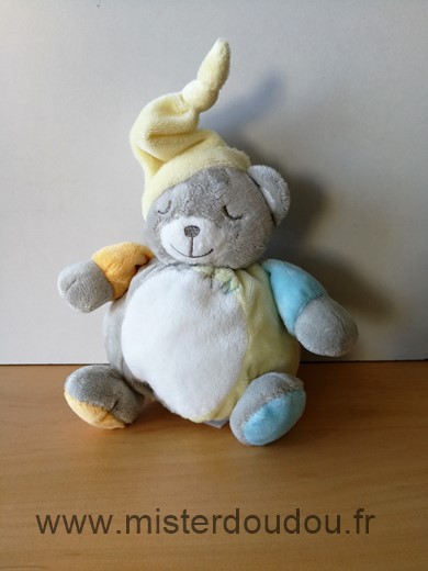 Doudou Ours Kimbaloo Gris blanc bonnet jaune 