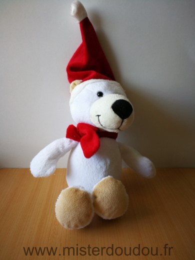 Doudou Ours Kinder Blanc bonnet rouge 