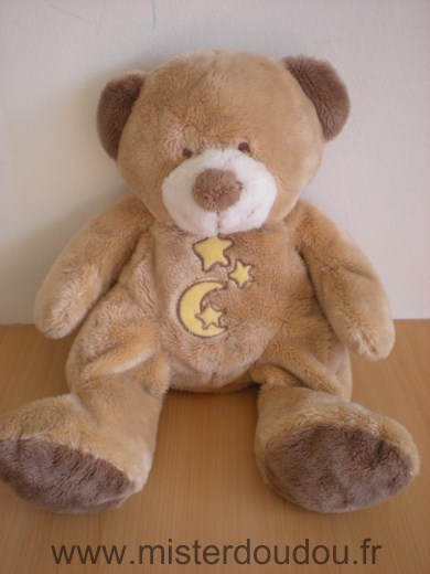 Doudou Ours King bear Beige etoiles lune jaunes 