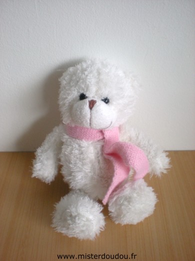 Doudou Ours L dake Blanc echarpe rose 