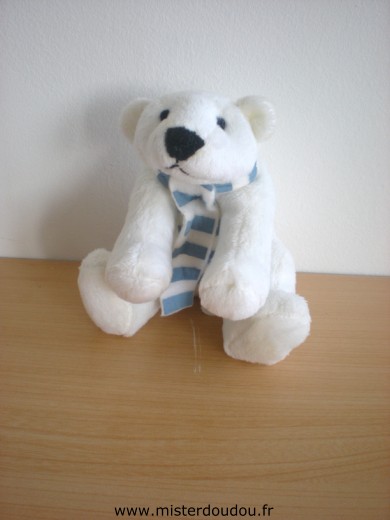 Doudou Ours Lbvyr Blanc echarpe rayée bleu blanc 