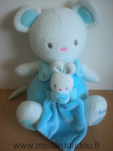 Doudou Ours Luminou Blanc bleu avec doudou lapin mouchoir bleu 