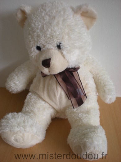 Doudou Ours Marionnaud Blanc beige ruban marron 