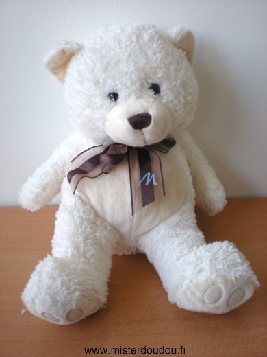 Doudou Ours Marionnaud Blanc beige ruban marron 