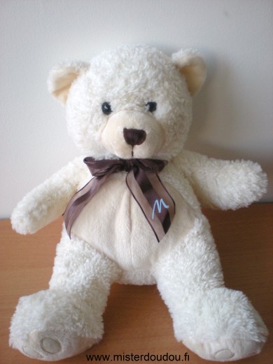 Doudou Ours Marionnaud Ecru beige ruban marron 