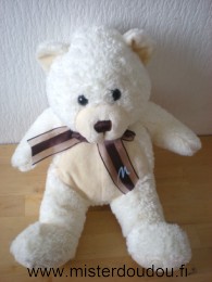 Doudou Ours Marionnaud Ecru rond beige noeud marron 