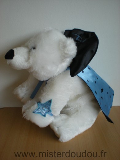 Doudou Ours Marionnaud Ours blanc cape bleu noir etoiles thierry mugler 