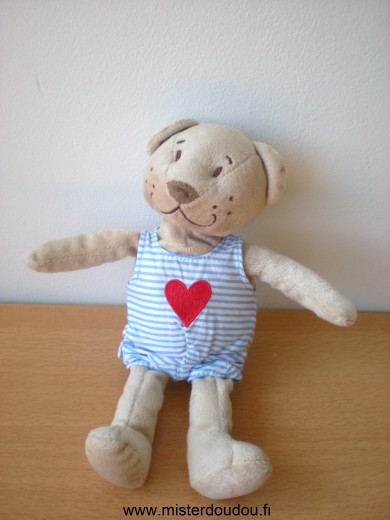 Doudou Ours - Marque non connue - Beige salopette bleue coeur rouge 