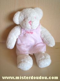 Doudou Ours 0 Blanc robe rayée rose brodée baby 