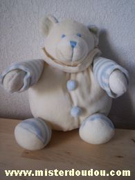 Doudou Ours - marque non connue - Ecru et bras et pieds rayé bleu clair blanc 