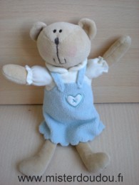 Doudou Ours - Marque non connue - Marron blanc robe bleue polaire coeur blanc 