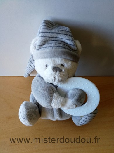 Doudou Ours Max et sax Gris blanc anneau dentaire blanc 