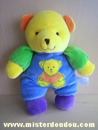 Doudou Ours Maxita Bleu jaune vert orange Avec un ours brodé sur le ventre