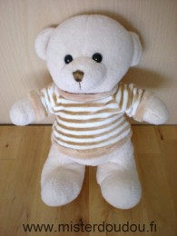 Doudou Ours Maxita Ecru pull rayé marron blanc 