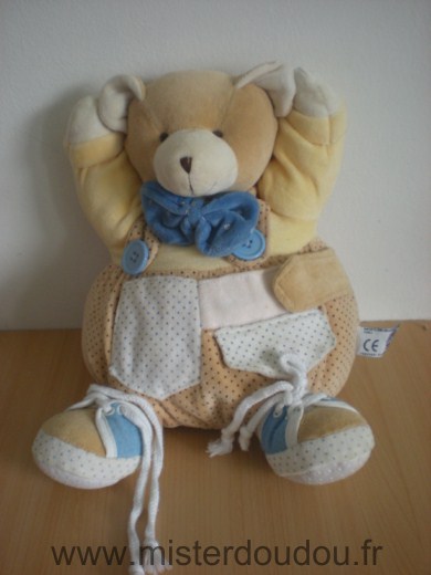 Doudou Ours Mgm Jaune beige blanc noeud bleu 