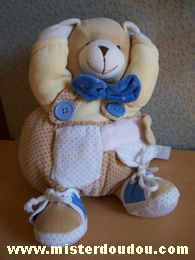 Doudou Ours Mgm Salopette beige points noirs pull jaune Noeud papillon bleu faisant bruit de papier, 

un lacet de chaussure cassé