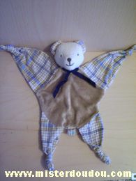 Doudou Ours Minouche Beige et carreaux noeud bleu marine 