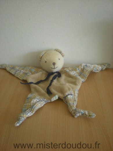 Doudou Ours Minouche Velours marron tissus carreau bleu maron jaune 