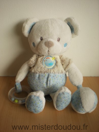 Doudou Ours Mots d enfants Beige bleu tenant anneau hochet et ballon 