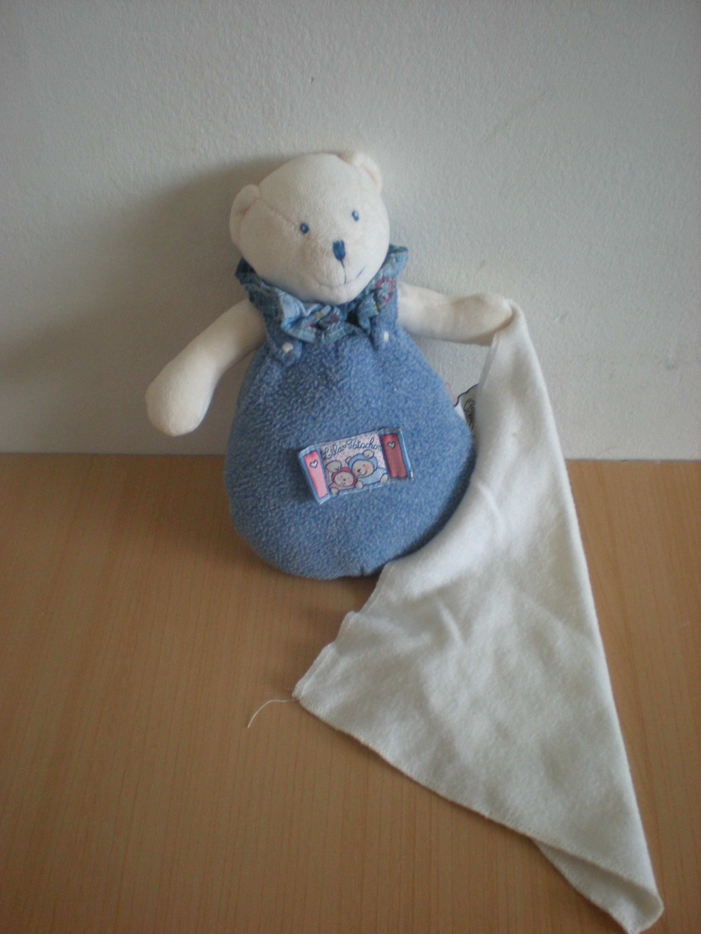 Doudou Ours Moulin roty Bleu mouchoir blanc lila et patachon 