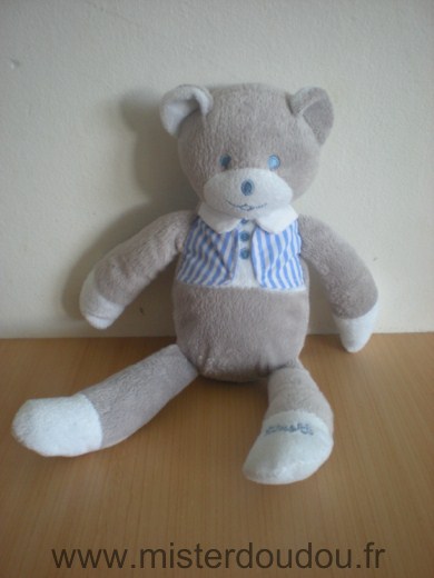 Doudou Ours Mustela Beige bleu blanc 