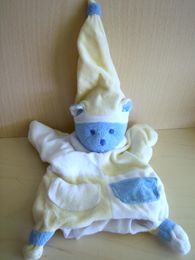 Doudou Ours Mustela Blanc bleu jaune 