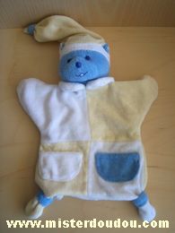 Doudou Ours Mustela Blanc jaune bleu 