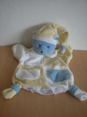 Doudou Ours Mustela Blanc jaune bleu 