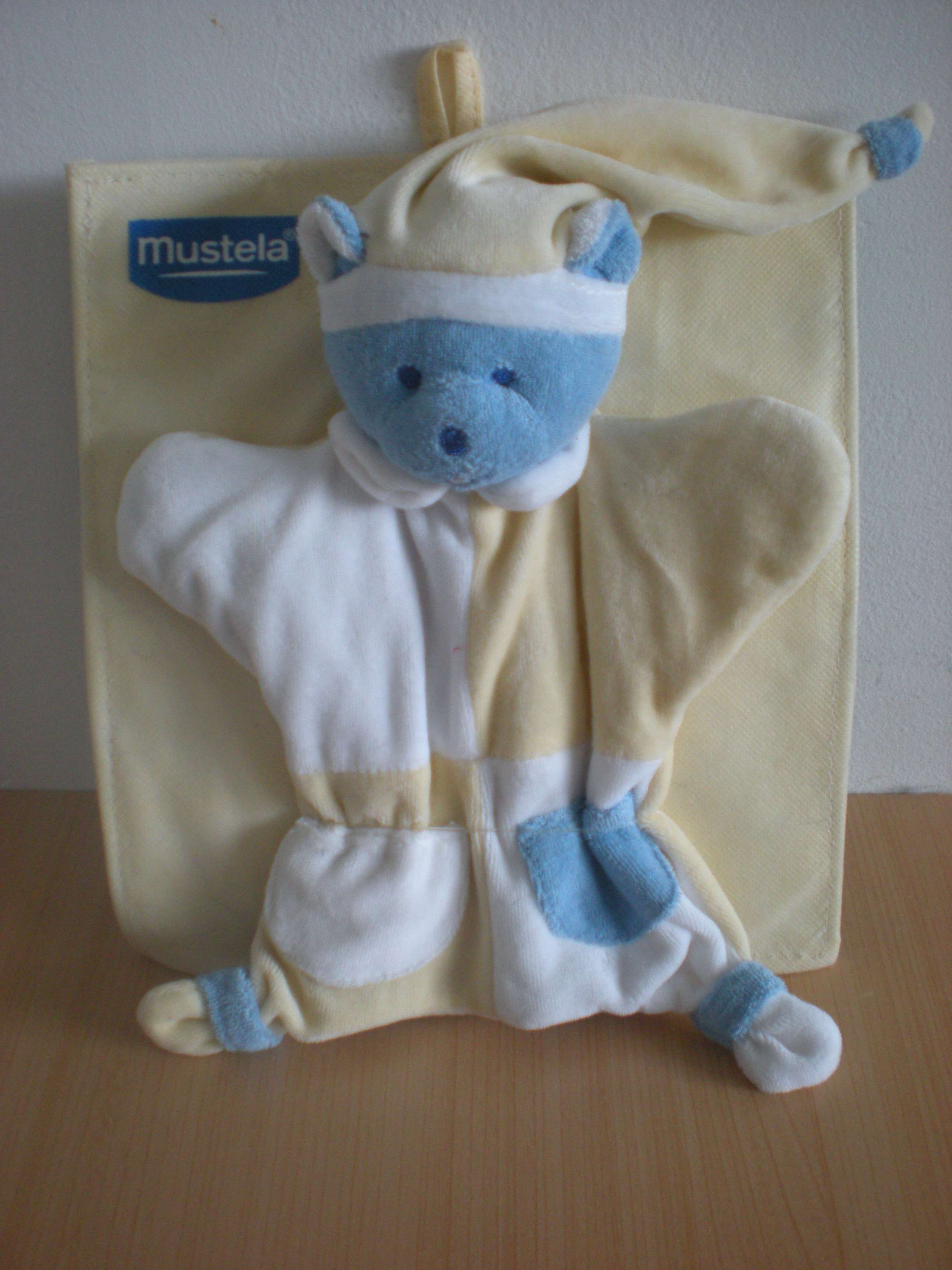 Doudou Ours Mustela Bleu blanc jaune 