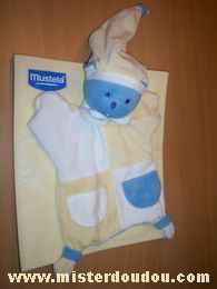 Doudou Ours Mustela Bleu blanc jaune pastels 