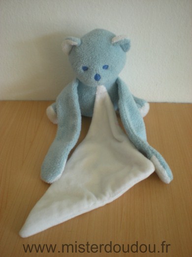 Doudou Ours Mustela Bleu mouchoir blanc 