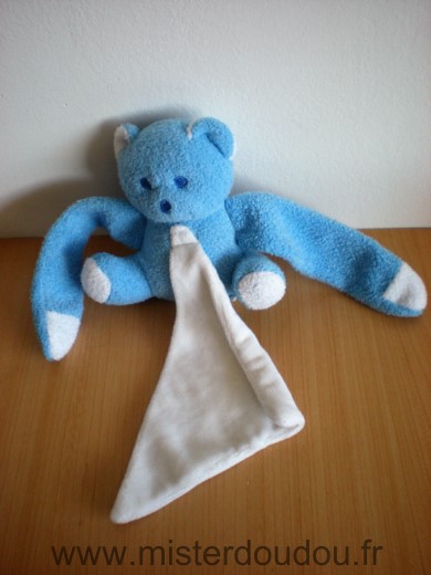 Doudou Ours Mustela Bleu mouchoir blanc 