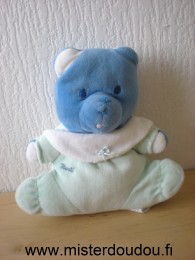 Doudou Ours Mustela Bleu vert col blanc 