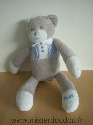 Doudou Ours Mustela Gris bleu blanc 