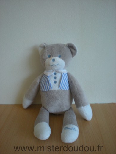 Doudou Ours Mustela Gris bleu blanc 