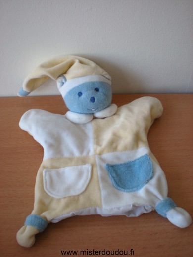 Doudou Ours Mustela Jaune blanc bleu 