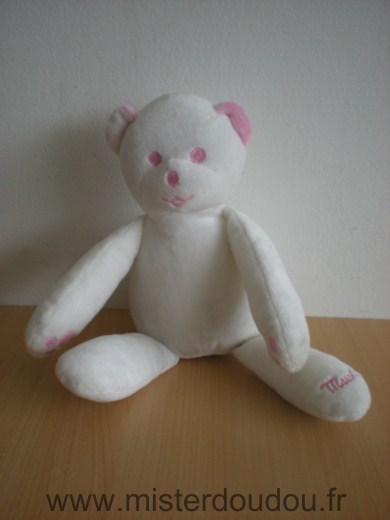 Doudou Ours Mustela Musti blanc rose 