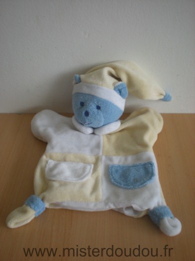 Doudou Ours Mustela Musti bleu jaune blanc Deux petites traces