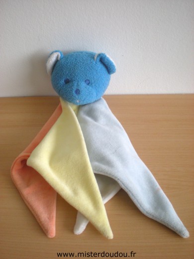 Doudou Ours Mustela Musti bleu jaune orange blanc 