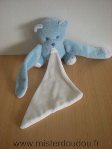 Doudou Ours Mustela Musti bleu mouchoir blanc 