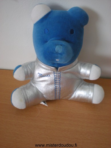 Doudou Ours Mustela Musti bleu velours combinaison gris métal 