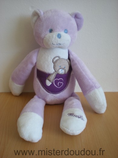 Doudou Ours Mustela Musti mauve blanc 