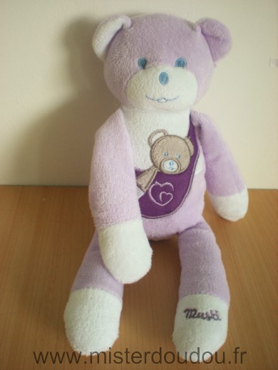 Doudou Ours Mustela Musti mauve blanc 